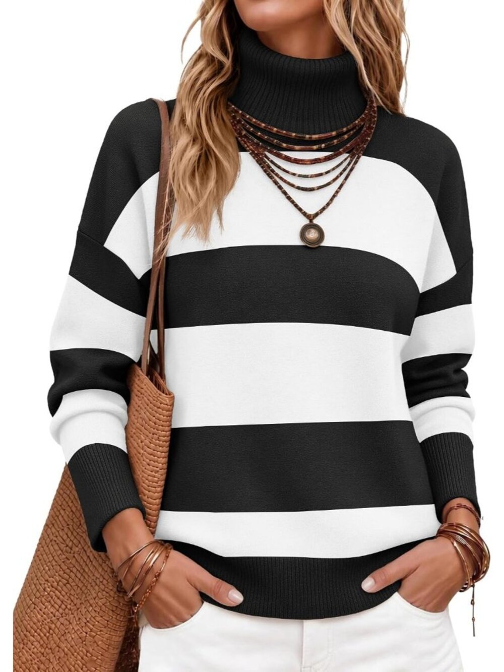 Women's Black Stripe High Low Hem Trendy Basic Jumper Top Turtleneck Sweater